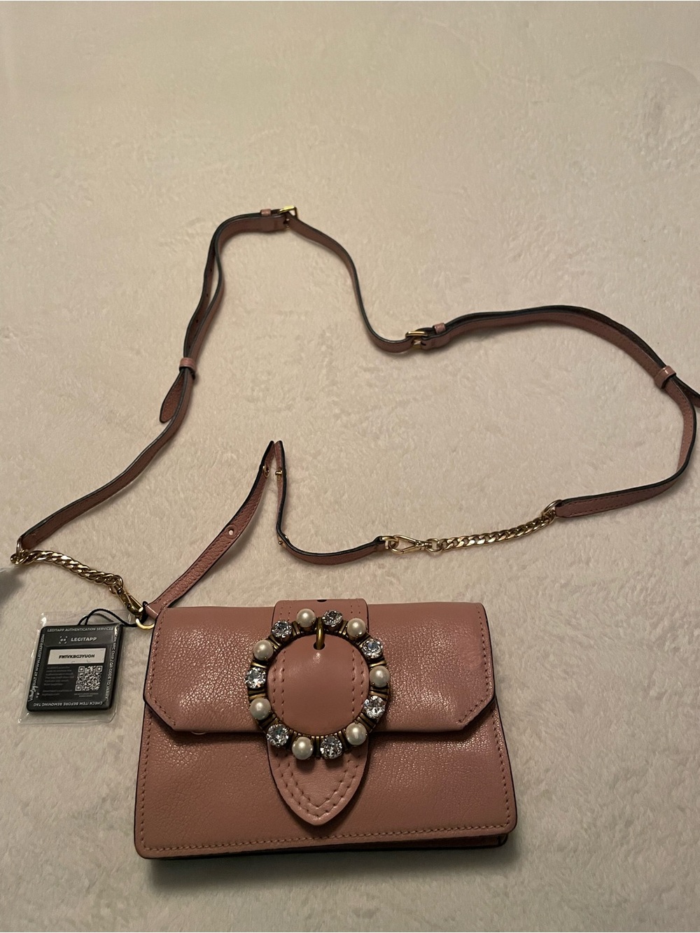 Miu Miu Mauve Pearl & Crystal Accent Leather Crossbody Bag